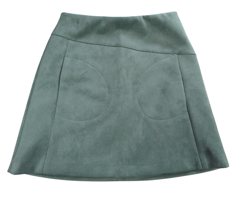 Gloria Faux Suede Mini Skirt Womens Green A-Line Soft Pocket Detail Mod Chic
